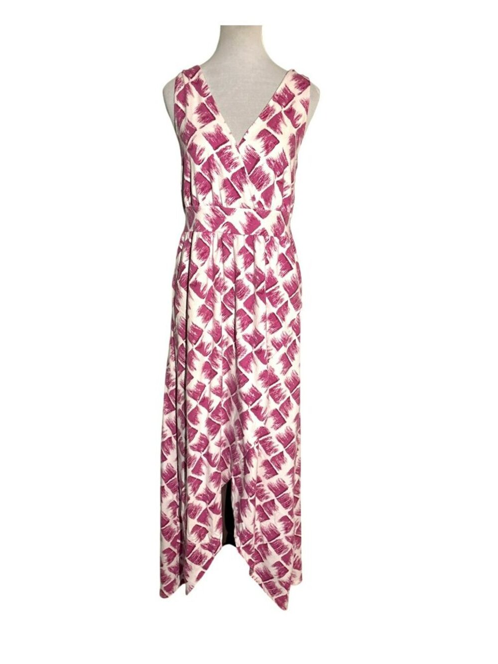Garnet Hill Modern Surplice Maxi Dress Pink/White Abstract Print Size 6